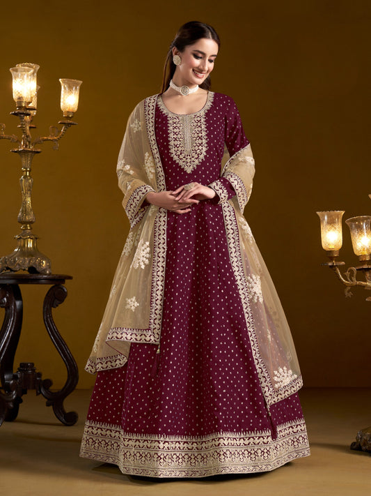 Anaita Purple Embroidered Jacquard Chanderi Anarkali Suit