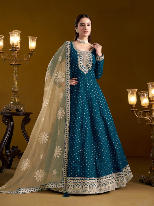 Anaita Teal Embroidered Jacquard Chanderi Anarkali Suit