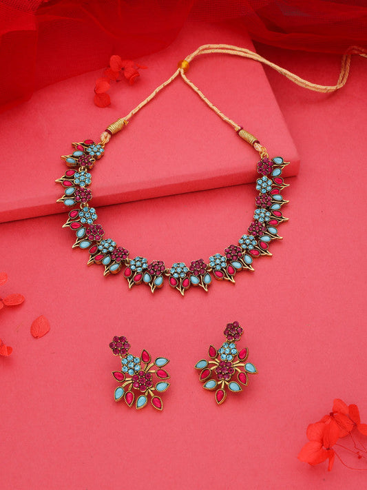 Tehzeeb Creations Pink & Sky Blue Colour Gold Pleated Stone Studded Necklace With Earrings Tehzeeb Creations