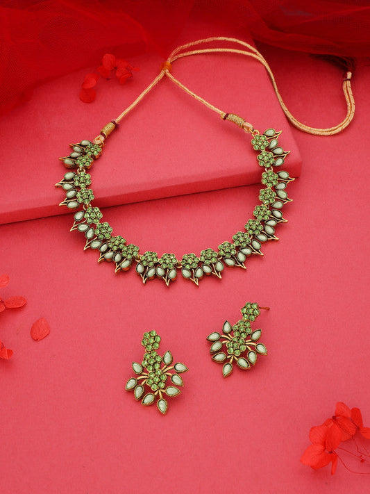 Tehzeeb Creations Sea Green Colour Gold Pleated Stone Studded Necklace With Earrings | Grab2Buy