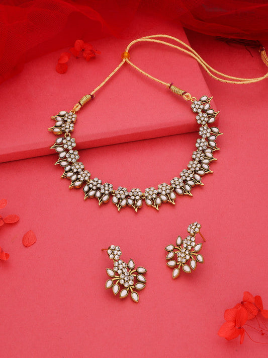 Tehzeeb Creations White Colour Gold Pleated Stone Studded Necklace With Earrings | Grab2Buy