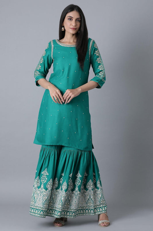 W for Woman Signature Green Embroidered kurta-Printed Sharara Set