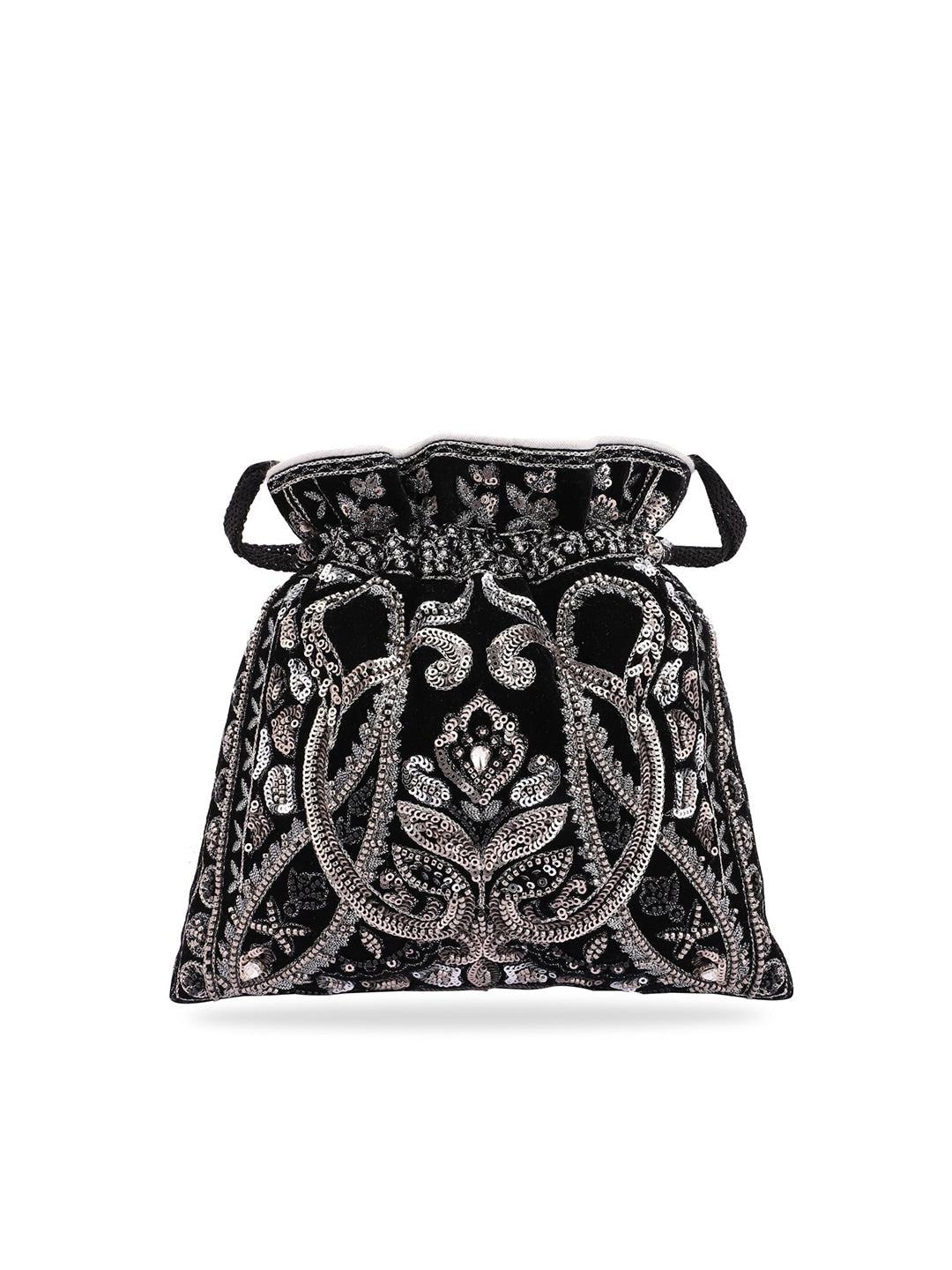 Masq Black & Silver-Toned Embellished Potli Clutch - Grab2buy