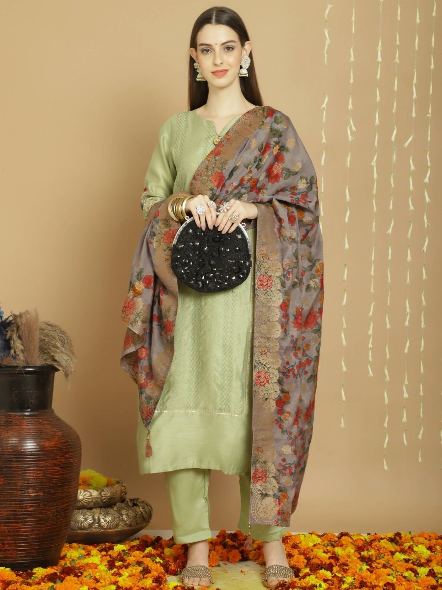Aastha Fashion Women's Green Chanderi Silk Elegant Jardoshi Semi Kurta with Trouser & Dupatta - Grab2buy