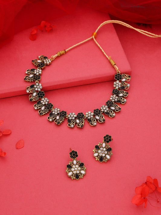 Tehzeeb Creations Luxurious Mendi Gold Polished White & Black Ad Jewellery Choker Necklace Set With Matching Earrings | Grab2Buy