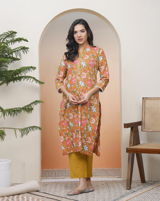 Vaasva Women Mustard Cotton Printed Straight Kurti | Grab2Buy
