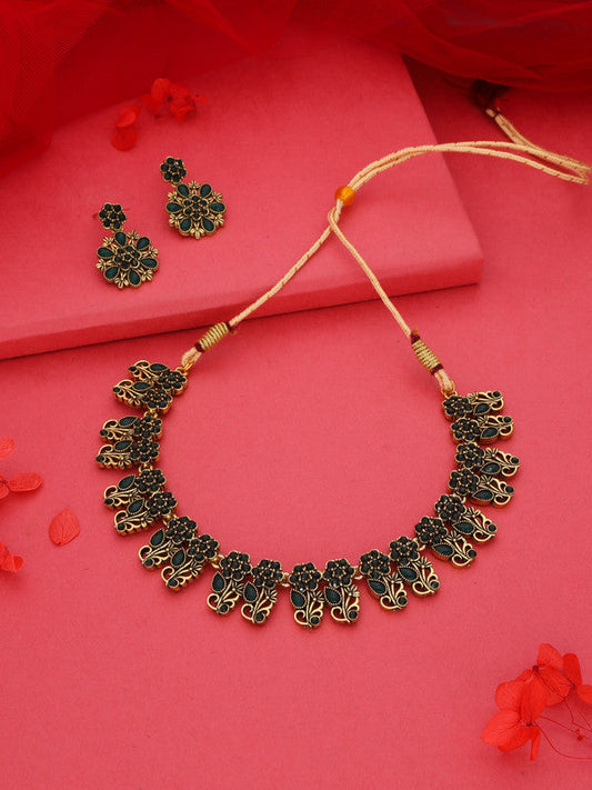 Tehzeeb Creations Luxurious Gold Polished Green Colour Choker Necklace Set With Matching Earrings | Grab2Buy