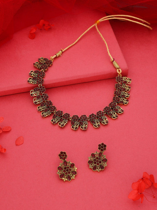 Tehzeeb Creations Luxurious Gold Polished Maroon Colour Choker Necklace Set With Matching Earrings Tehzeeb Creations