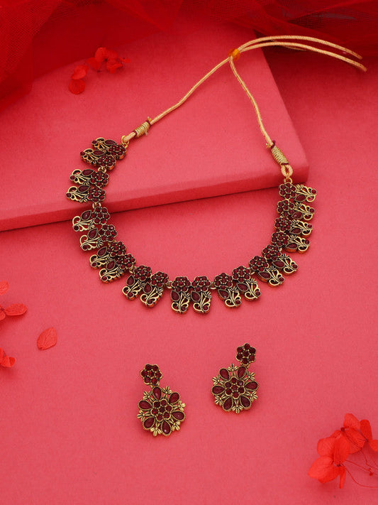 Tehzeeb Creations Luxurious Gold Polished Maroon Colour Choker Necklace Set With Matching Earrings | Grab2Buy
