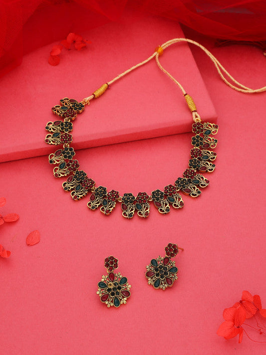 Tehzeeb Creations Luxurious Gold Polished Maroon & Green Colour Choker Necklace Set With Matching Earrings | Grab2Buy