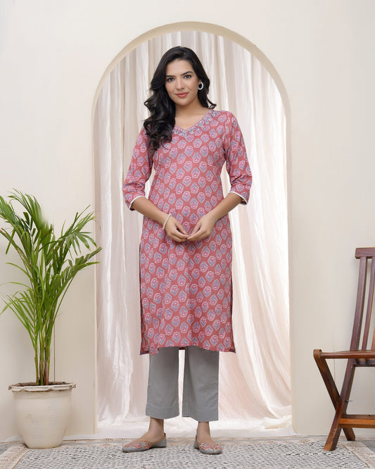 Vaasva Women Pink Cotton Printed Straight Kurti | Grab2Buy