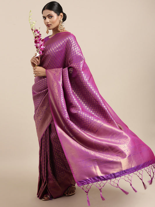 Saree Mall Purple Ethnic Motifs Zari Silk Blend Banarasi Sarees | Swadesiicart