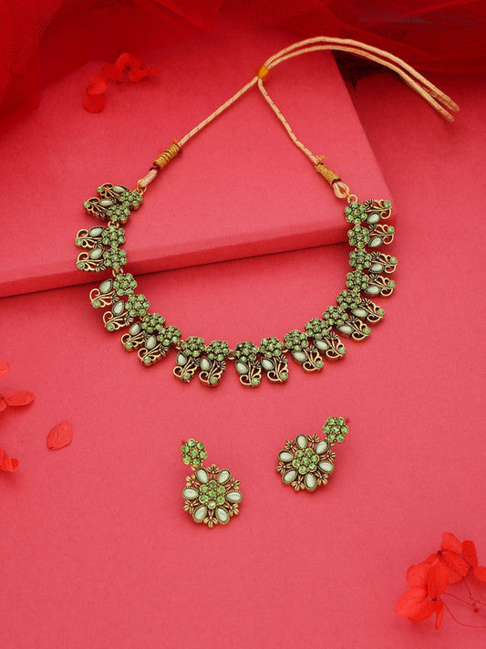 Tehzeeb Creations Luxurious Gold Polished Sea Green Colour Choker Necklace Set With Matching Earrings | Grab2Buy
