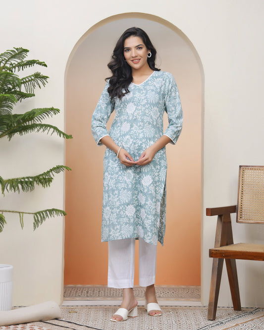 Vaasva Women Mint Cotton Printed Straight Kurti | Grab2Buy