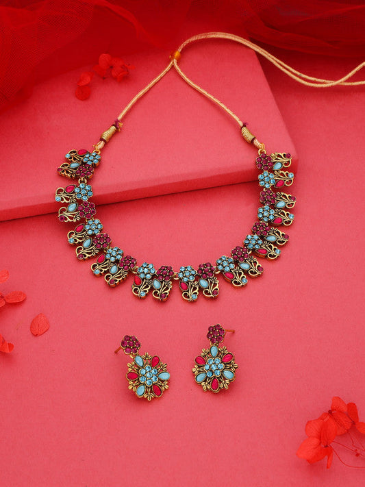 Tehzeeb Creations Luxurious Gold Polished Sky Blue Color Choker Necklace Set With Matching Earrings | Grab2Buy