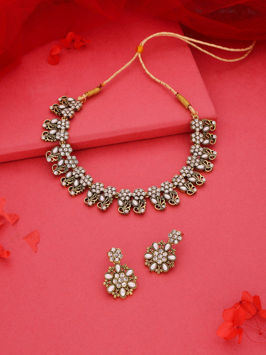 Tehzeeb Creations Luxurious Gold Polished White Colour Choker Necklace Set With Matching Earrings | Grab2Buy