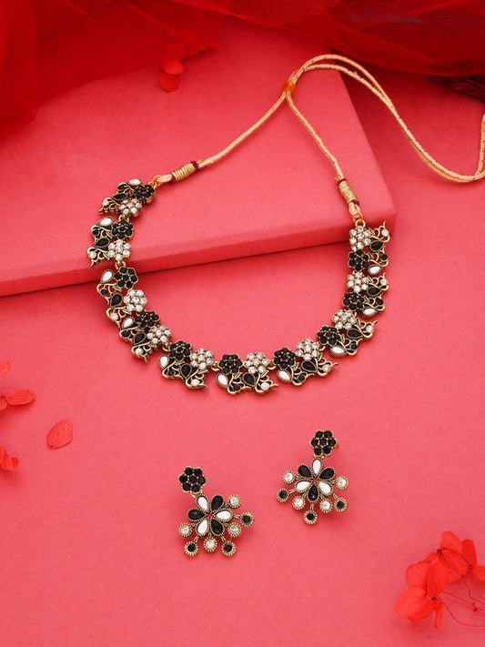 Tehzeeb Creations Luxurious Gold Polished Black &White Colour Choker Necklace Set With Matching Earrings | Grab2Buy