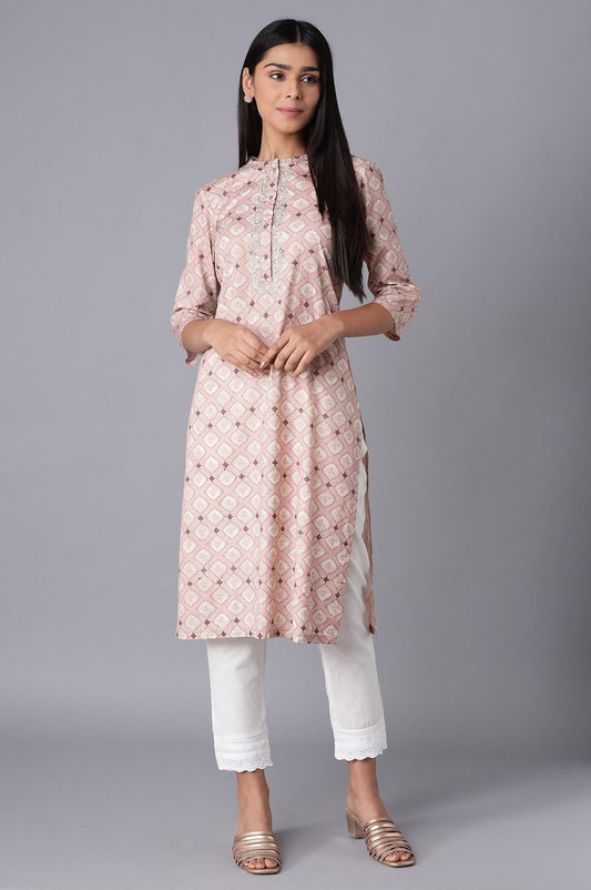 W for Woman Pink Printed kurta with Embroidery