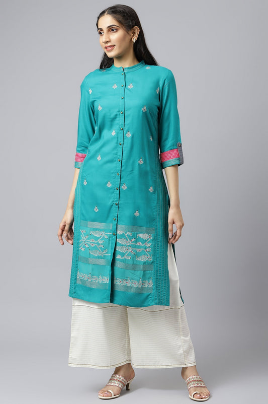 W for Woman Teal Embroidered Kurta Set