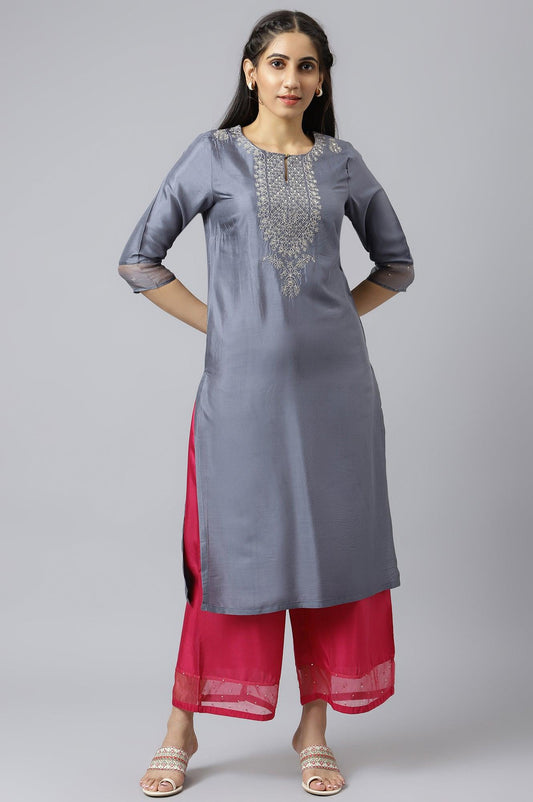 W for Woman Blue Embroidered Straight kurta-Parallel Pants-Dupatta Set