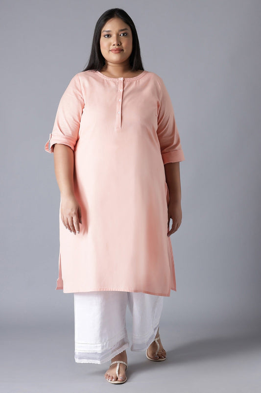 W for Woman Peach Round Neck Solid kurta