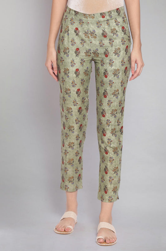 W for Woman Smoked Green Floral Print Slim Pants