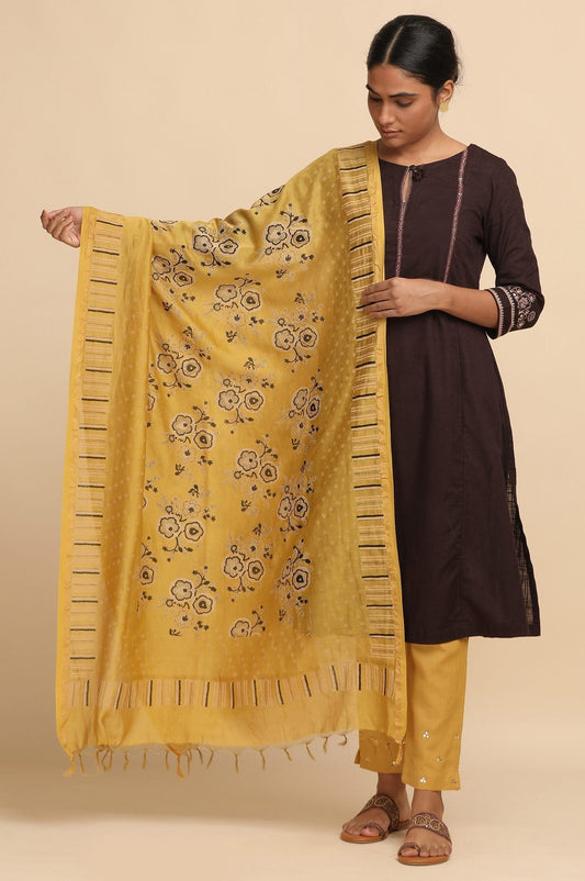 W for Woman Yellow Cotton Silk Block Printed Drape Grab2Buy WforWoman Grab2Buy