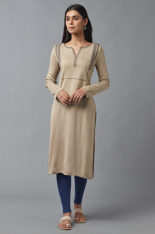 W for Woman Beige Embroidered Winter kurta