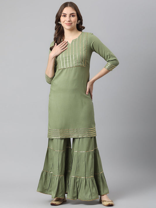 Kalini Women Green Yoke Design Gotta Patti Kurta with Sharara