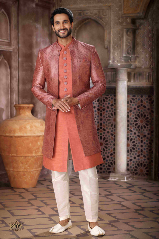 Raivat Ethnic Art Silk Embroidery Work 3 Pcs Indo Jacket Set In Brown Orange Colour