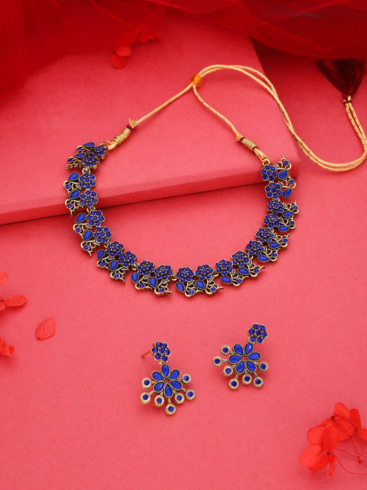 Tehzeeb Creations Luxurious Gold Polished Blue Colour Diamond Choker Necklace Set With Matching Earrings | Grab2Buy