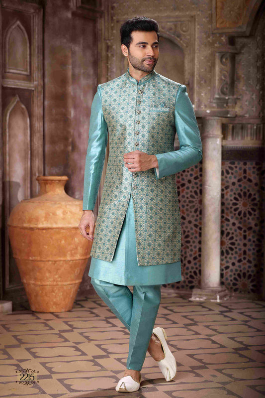 Raivat Ethnic Art Silk Embroidery Work 3 Pcs Indo Jacket Set In Sky Blue Colour