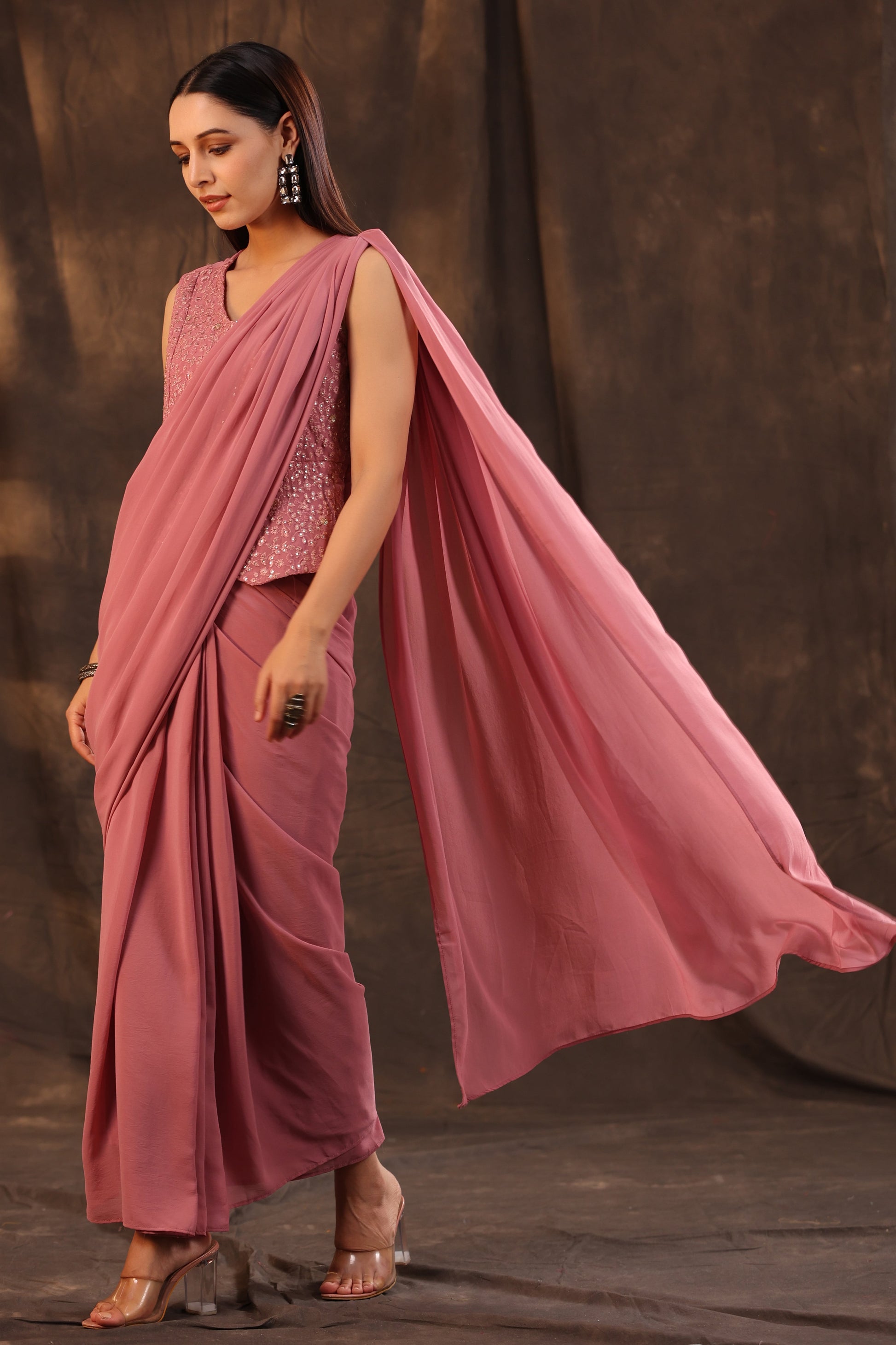 Juniper Women Rosegold Georgette Embellished Saree Style Dress - Grab2buy