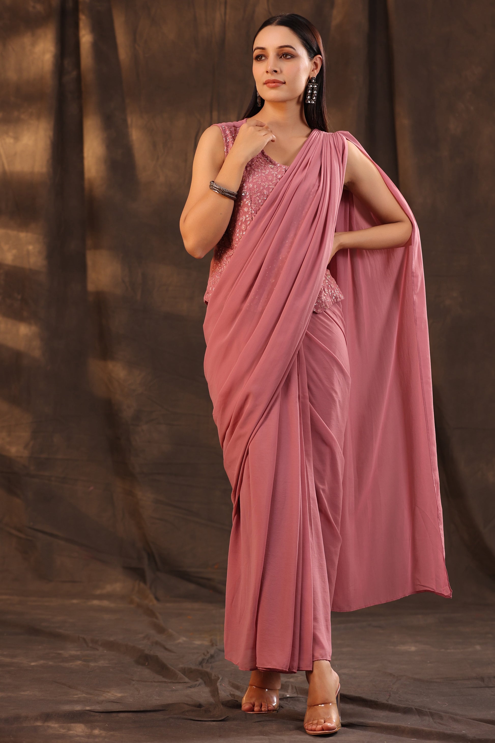 Juniper Women Rosegold Georgette Embellished Saree Style Dress - Grab2buy