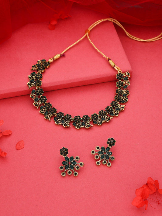 Tehzeeb Creations Luxurious Gold Polished Green Colour Diamond Choker Necklace Set With Matching Earrings | Grab2Buy