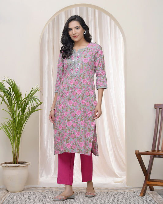 Vaasva Women Grey Cotton Printed Straight Kurti | Grab2Buy