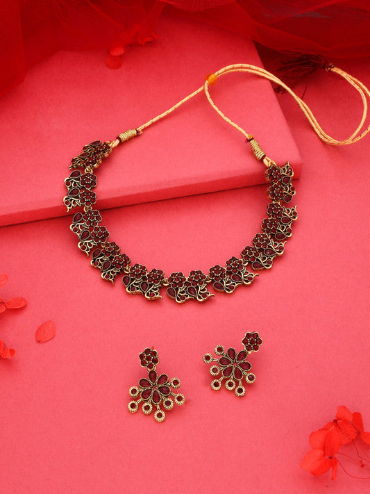 Tehzeeb Creations Luxurious Gold Polished Maroon Colour Diamond Choker Necklace Set With Matching Earrings | Grab2Buy