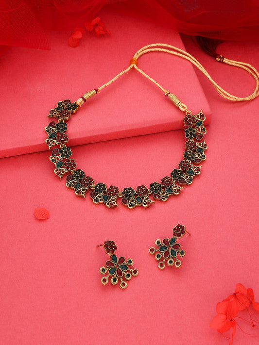 Tehzeeb Creations Luxurious Gold Polished Maroon & Green Colour Diamond Choker Necklace Set With Matching Earrings | Grab2Buy
