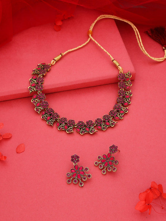 Tehzeeb Creations Luxurious Gold Polished Pink Colour Diamond Choker Necklace Set With Matching Earrings | Grab2Buy