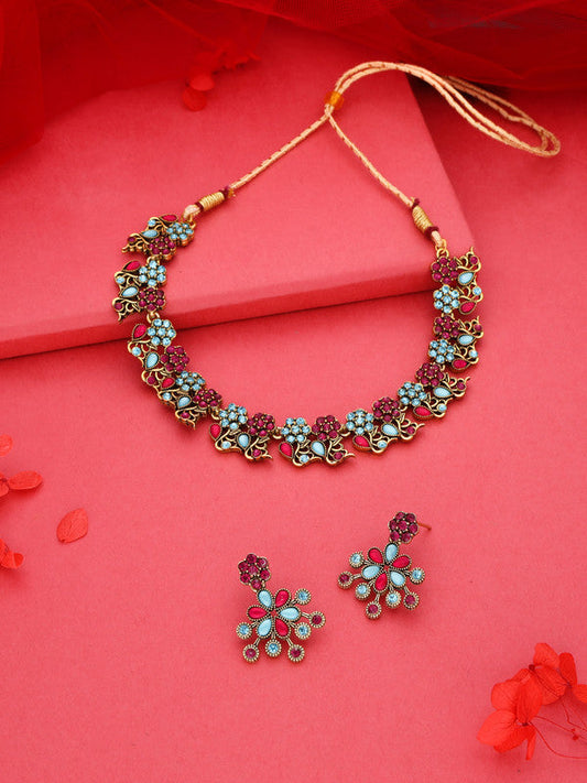 Tehzeeb Creations Luxurious Gold Polished Pink & Sky Blue Colour Diamond Choker Necklace Set With Matching Earrings Tehzeeb Creations