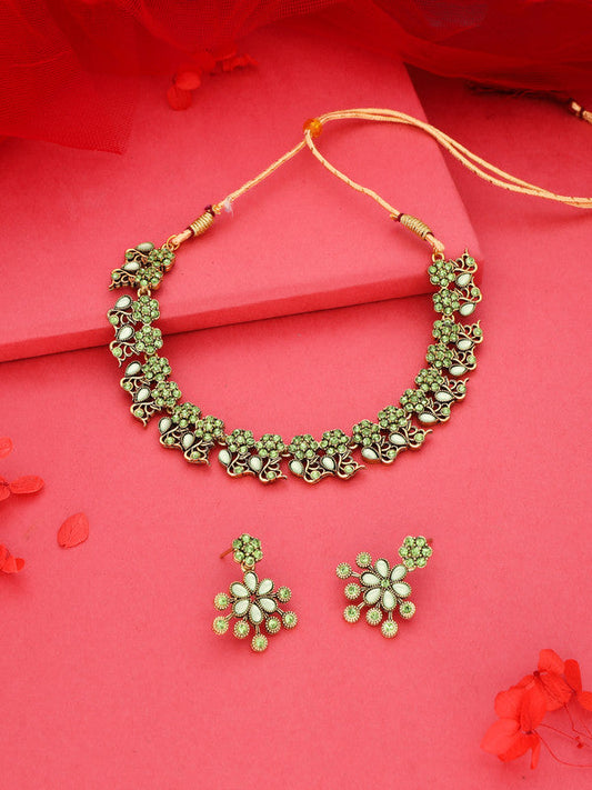 Tehzeeb Creations Luxurious Gold Polished Sea Green Colour Diamond Choker Necklace Set With Matching Earrings | Grab2Buy