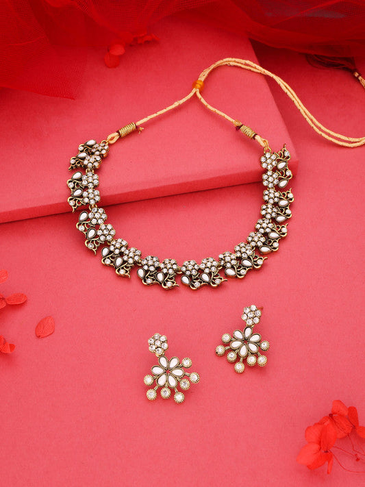 Tehzeeb Creations Luxurious Gold Polished White Colour Diamond Choker Necklace Set With Matching Earrings | Grab2Buy