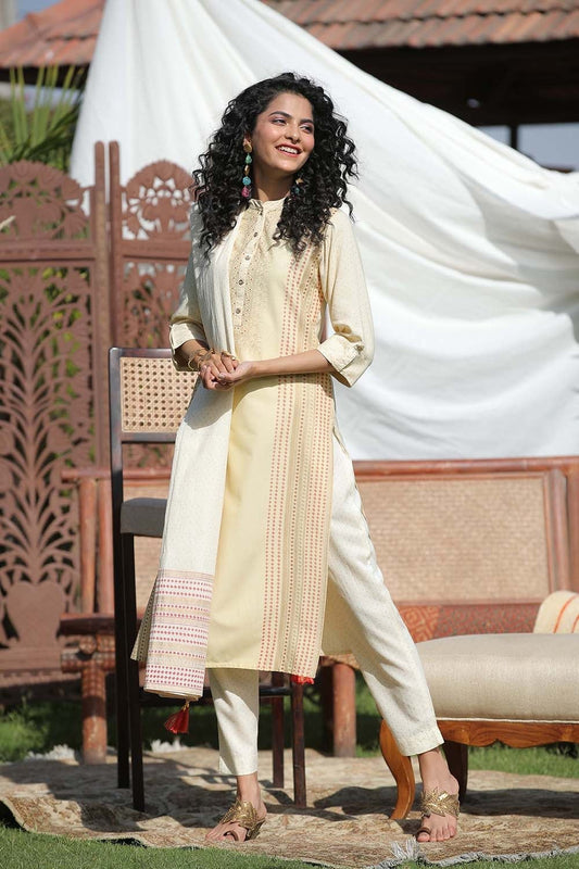 Juniper Women's Ivory Stipes Printed Rayon Straight Kurta Pants & Cotton Voile Dupatta