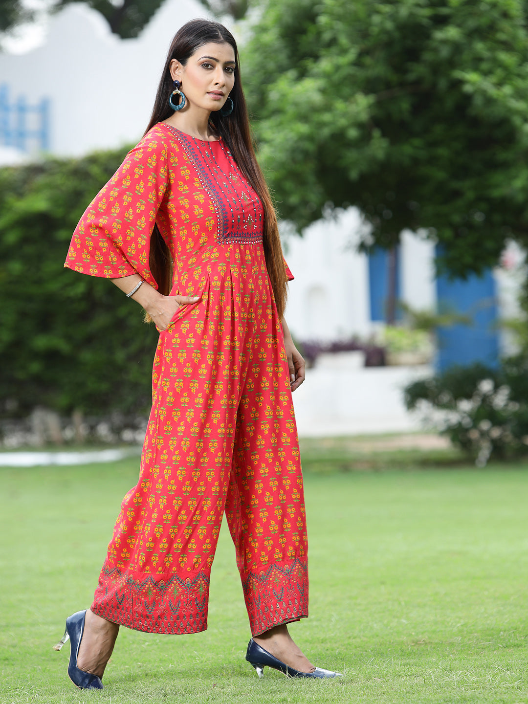 Juniper Women Coral Rayon Printed Regular Jumpsuit - Grab2buy