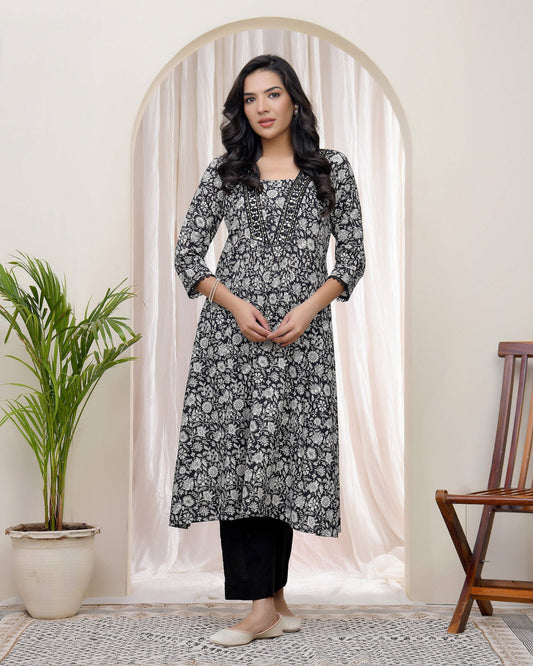 Vaasva Black Floral Cotton Printed Gathered Kurti | Grab2Buy