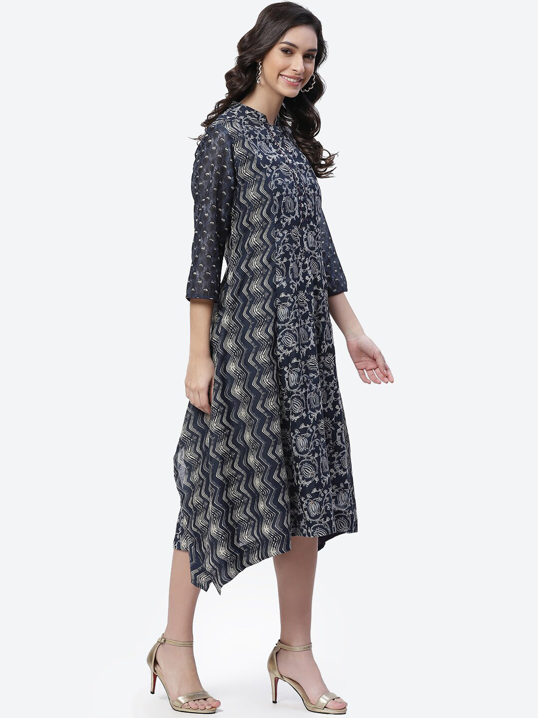 Biba Women Navy Blue Ethnic Motifs Printed Asymmetric Kurta - Grab2buy