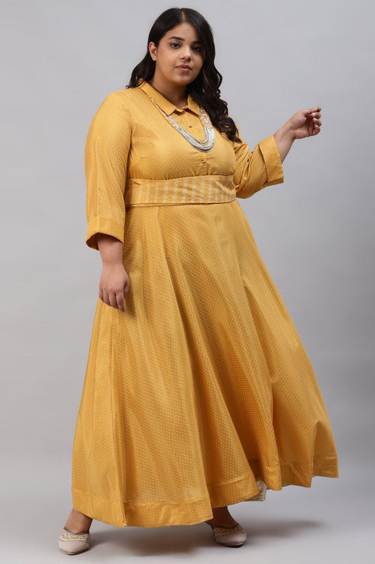 W for Woman Yellow Glitter Printed Plus Size Shirt Dress With Embroidered Neckpiece Grab2Buy WforWoman Grab2Buy
