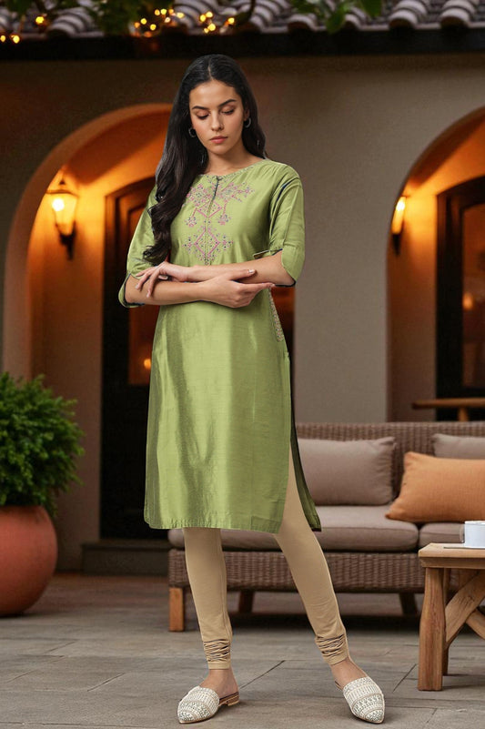 W for Woman Olive Embroidered Straight kurta