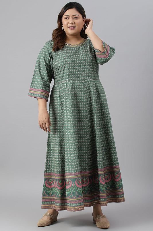 W for Woman Leaf Green Glitter Printed Kalidar Plus Size Dress
