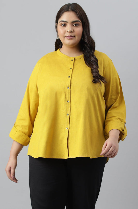 W for Woman Yellow Cotton Flax Button Down Western Plus Size Top